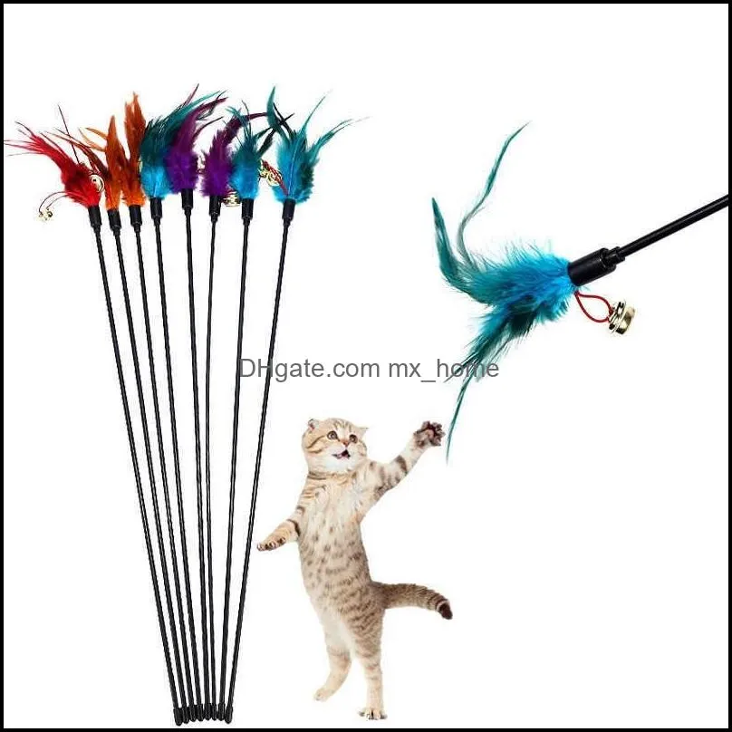 Cat Toys Kitten Teaser Turkey Feather Interactive Stick Wire Chaser Wand Toy Random Color PV6K 6US4