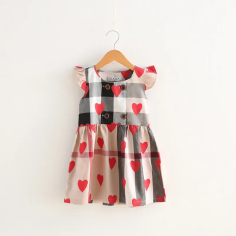 Baby Girls Love Heart Plaid Printing Dress Children Lattice Flying Sleeves Princess Dresses Summer 2018 Boutique Kids Clothes 2 Colors