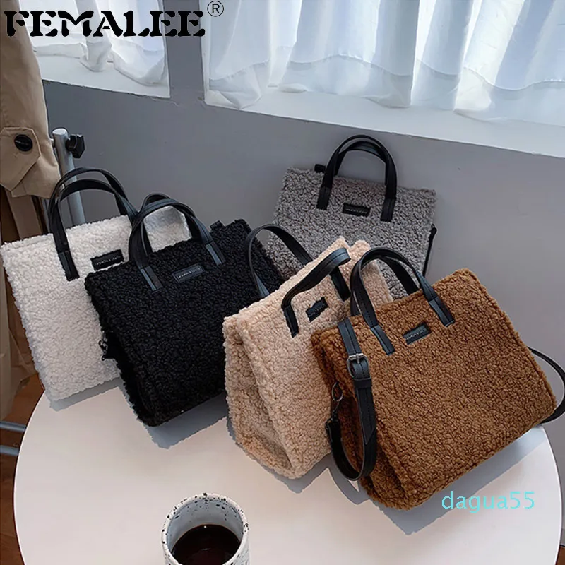 Doux Laine Femmes Grande Capacité Fourre-Tout Sacs Hiver Fourrure Fine Sangle Épaule Sacs À Main Solide En Peluche Classique Designer Sacs À Main Embrayage Sac Q1208