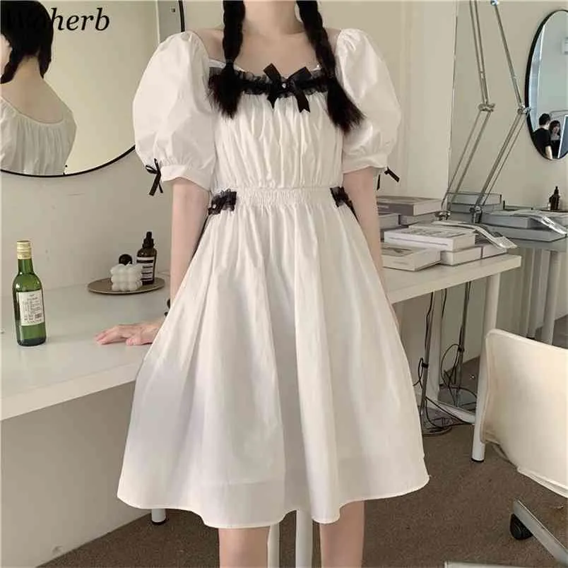 Kawaii vit svart klänning chic koreanska sommar kvinnor mittlängd klänningar spets-up smal midja elegant a-line vestidos femme 210519