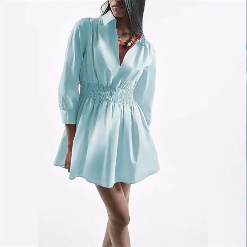 Kobiety Summer Casual Za Mini Shirt Dress 3/4 Sleeve V-Neck Solid Poplin Elastyczna Talia Kobiet Elegancka Regeles Line Vestidos 210513