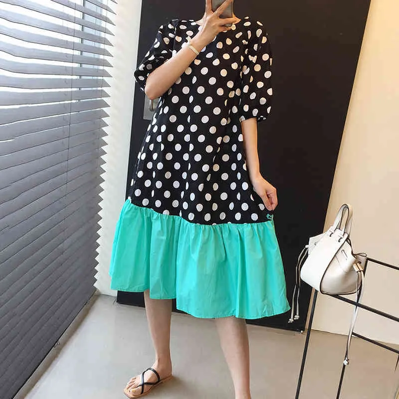 Koreansk sommar elegant semester stil liten färsk o-nacke polka dot kontrast stygn lös puff ärm klänning kvinnor 16w828 210510