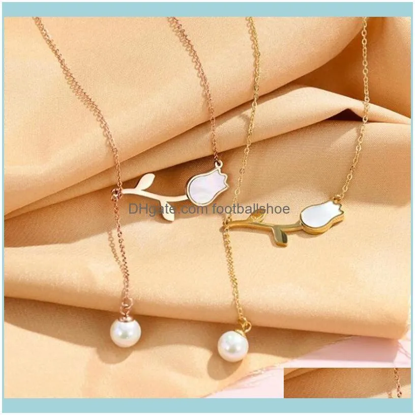 Stainless Steel Shell Pearl Tassel Vintage Tulip Charms Chain Choker Pendant Necklace For Women Fashion Fine Jewelry Gift Chains