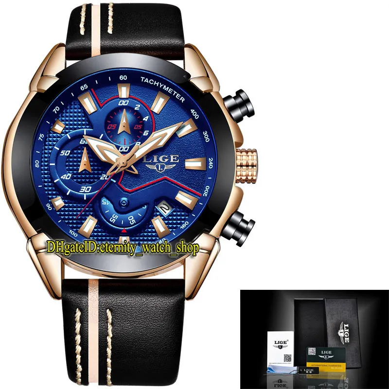 LIGE Eternity LG9869 Sport Mens Horloges Datum Blauw Dial Japan VK Quartz Chronograph Beweging Lichtgevende Mannen Horloge Zwart Bezel Rose Gold Steel Case Lederen Band