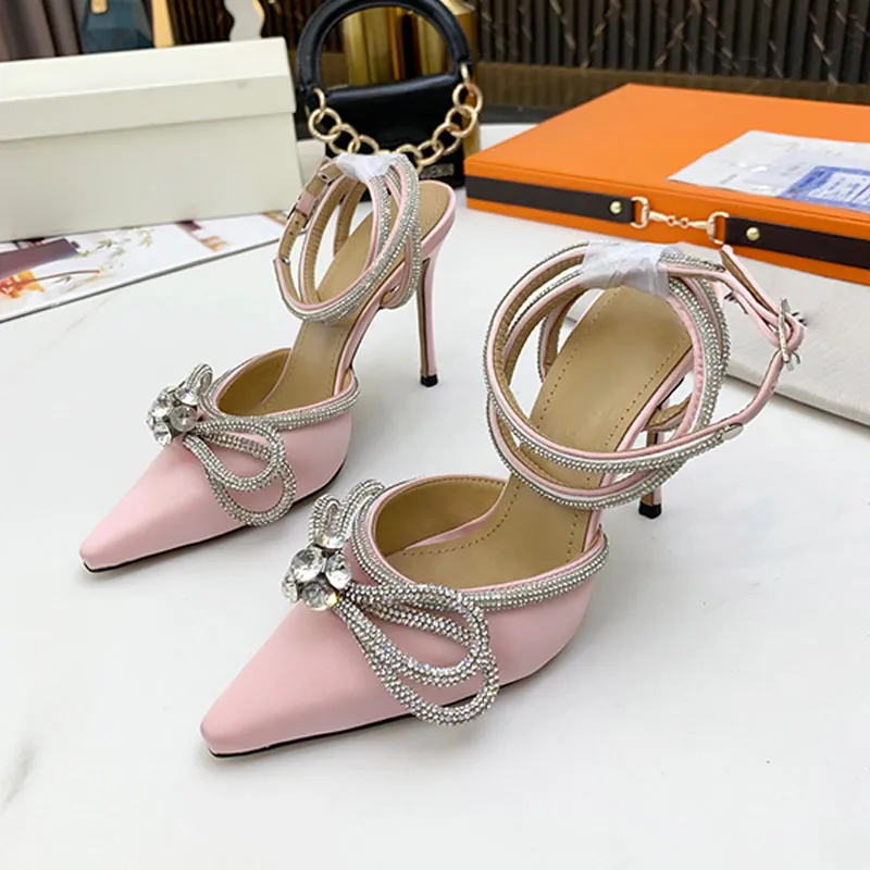 Bow fairy silk high-heeled sandals stovepipe artifact sexy fashion urban style workplace essential can be matched with 35-42 heel height 9.5CM Crystal diamond