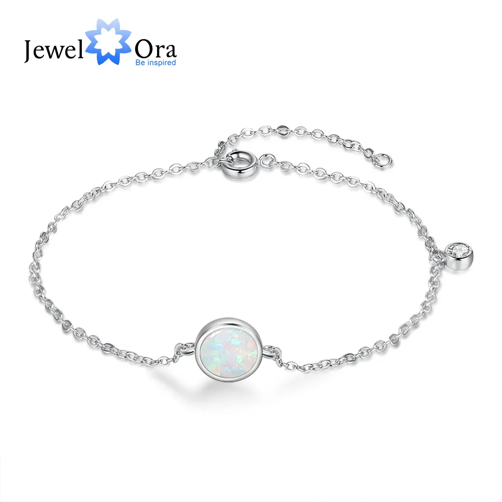JewelOra Designer Silver Color Round White Opal Bracelet with Cubic Zirconia Classic Adjustable Chain Charm Bracelets for Women