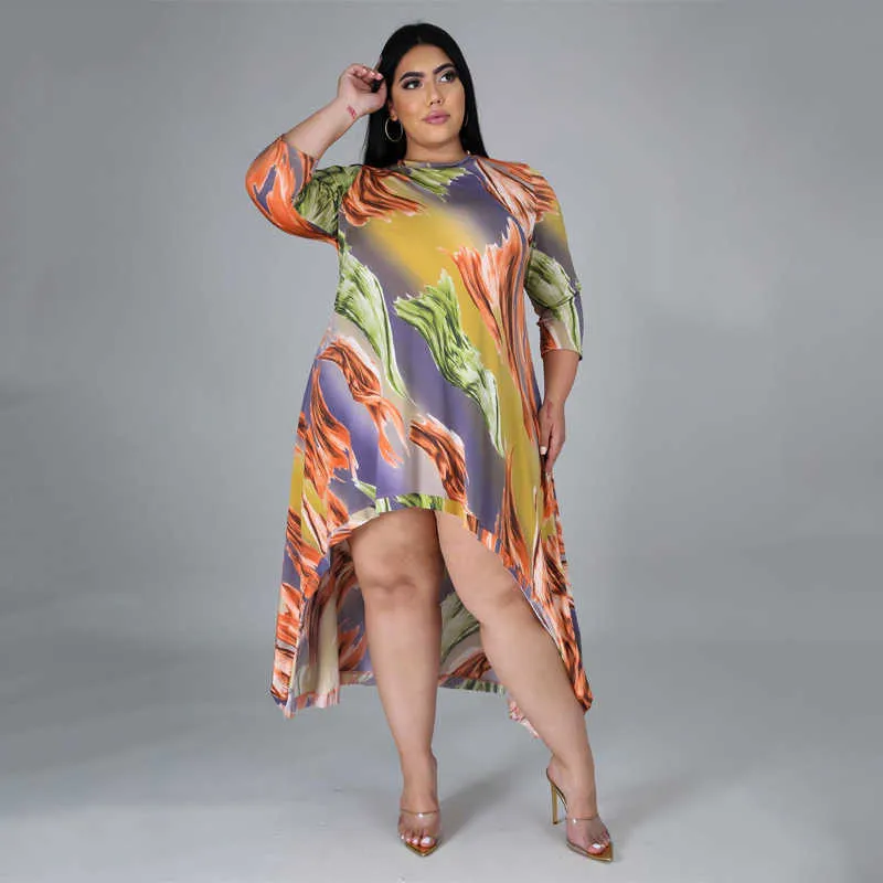 Print Jurk Dames Plus Size 4XL 5XL 6XL Drie Quater Onregelmatige lengte Sexy Curve Jurken Avond Party Gelegenheid Evenementen Mode 210527