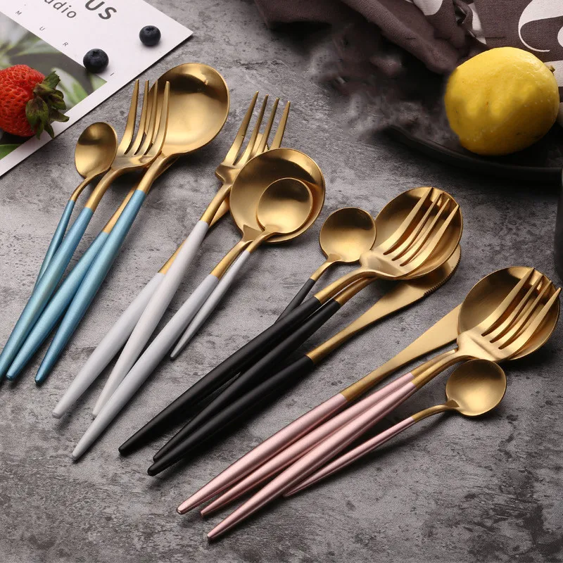 Bestick set kniv gaffel sked uppsättningar dinnerware silverware kök verktyg rostfritt stål middag svart guld bestick 4st / set cgy47