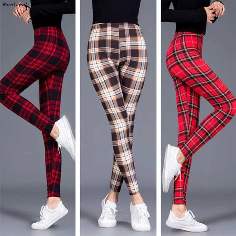 Borntogirl Höst Vinter Vintage Casual Legging Byxor För Kvinnor Hög midja Svart Vit Blå Röd Brun Khaki Plaid Leggings Femme 211215