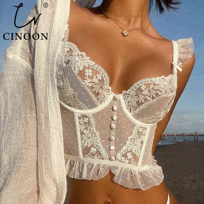 Cinoon French Embroidery Lace Women's Bra Top Sweet Female White White Bralette Vestセクシーなコルセットブラス快適な親切211217