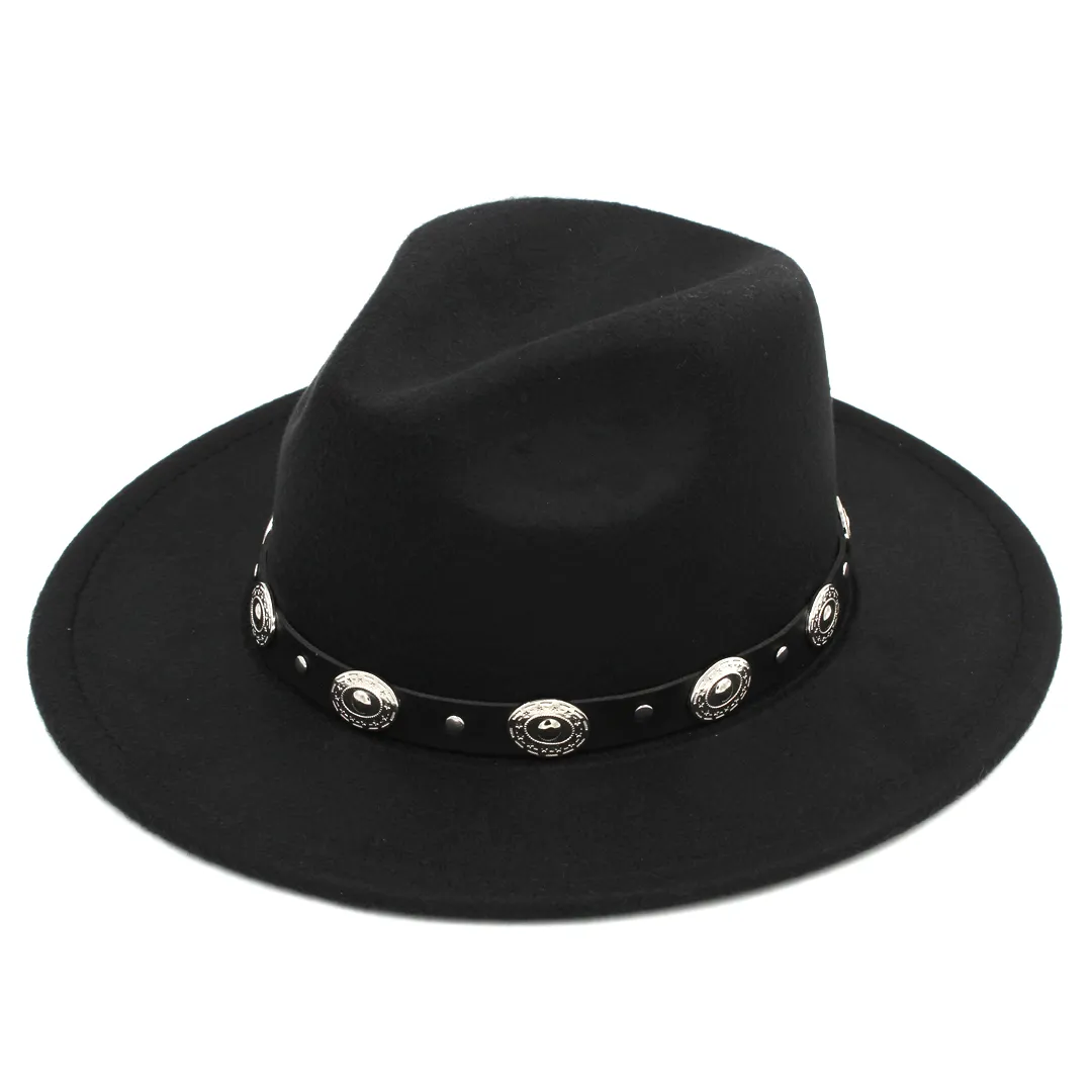 Moda Męskie Kobiety Wełna Mieszanka Panama Hat Derby Cap Outdoor Wide Brim Kościół Sombrero Chrzeciwko Cap Czarny Pasek