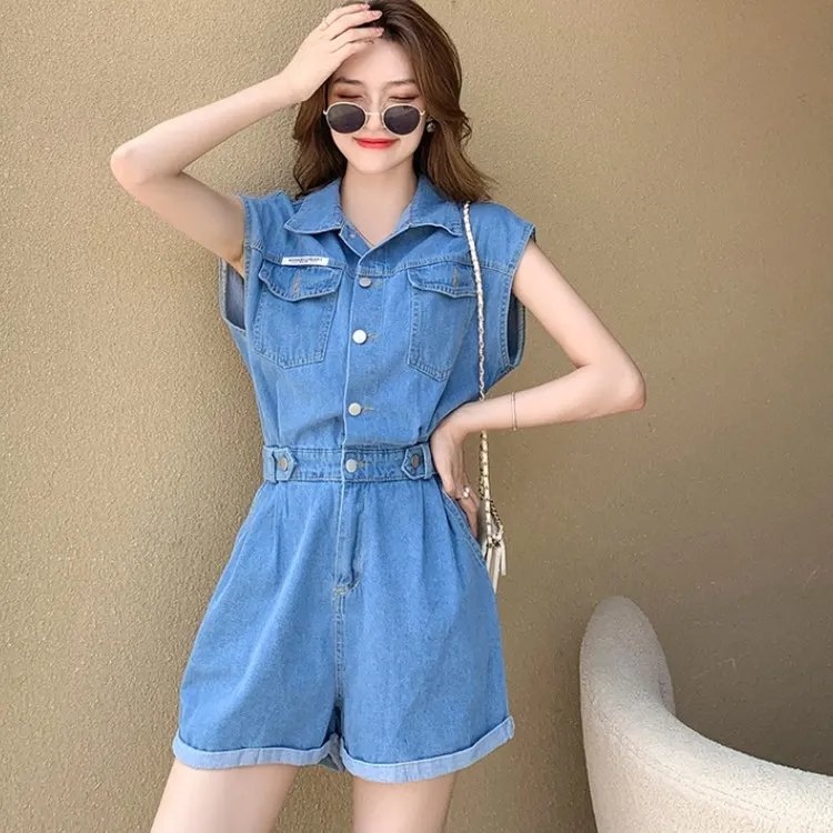 Fashion Sleeveless Pockets Denim Playsuits Overalls Vintage High Waist Female Casual Short Jumpsuits Mujer 210518