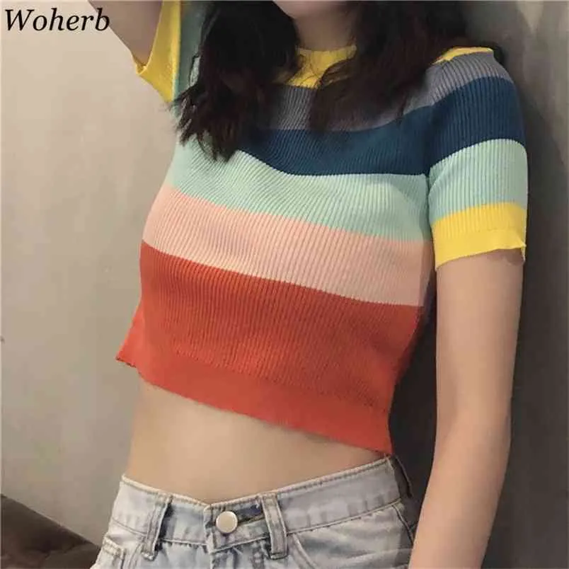Summer Knitted Basic Solid T-shirt Women Casual Rainbow Striped Short Sleeve Tee-Shirts Female Tops Korean Chic Fashion 210519