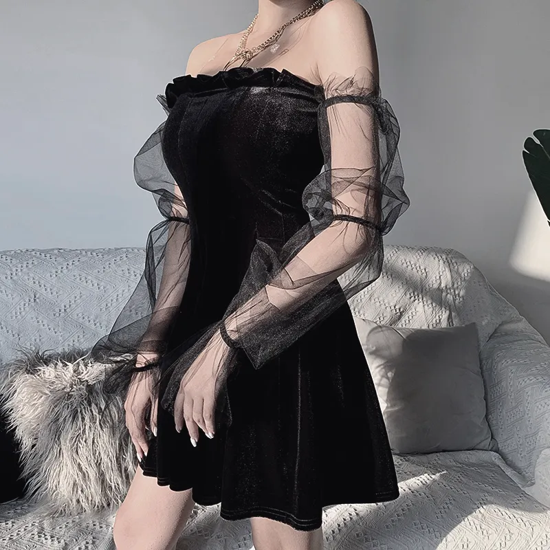 2021 Gotik Seksi Elbise Vintage Kapalı Omuz Fener Kol Mesh Patchwork Kadife Mini Elbiseler Kadın Için Karanlık Sokak Siyah