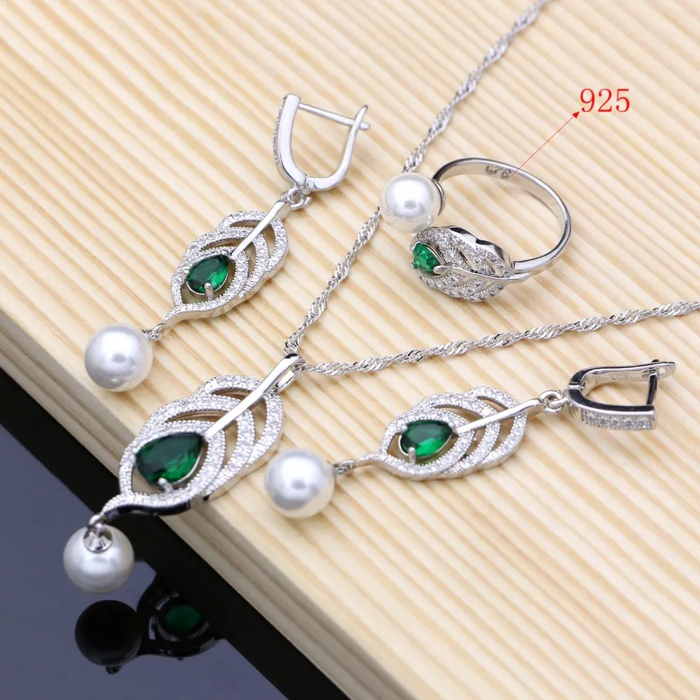 Silver 925 Bridal Pearls Jewelry Sets Natural Green Zircon Women Wedding Earrings Adjustable Ring Bracelets Necklace Set
