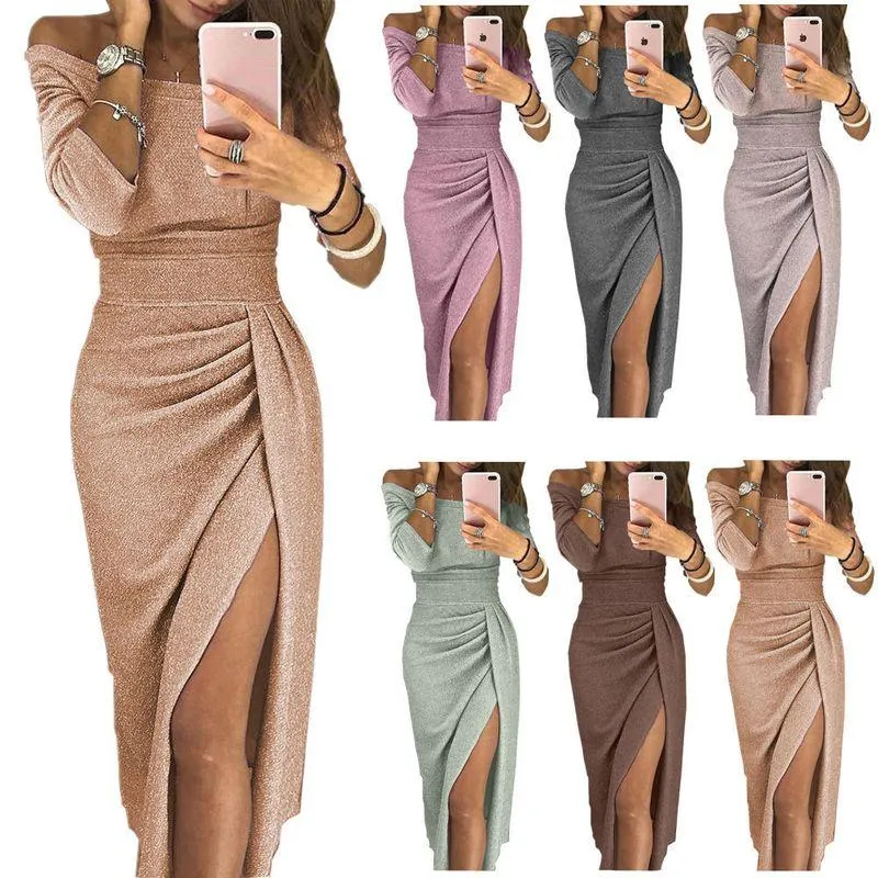 Casual Dresses Women Off Shoulder Bright Silk Shiny Party Dress 2021 Höst Hög midja Vintage Bling Sexig Lady Split Bodycon