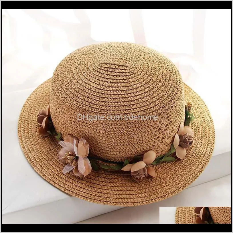 2021 parent-child summer new women`s sun hat bucket cap beige lace bowknot flowers ribbon flat top straw hat beach caps panama