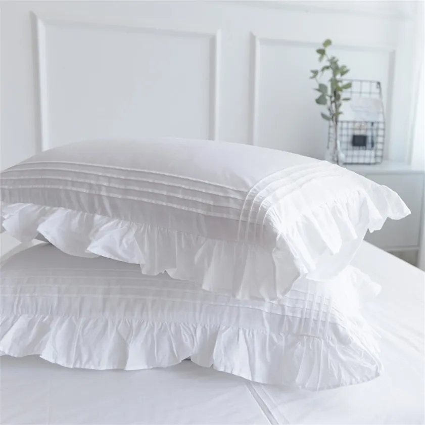 2 pezzi Super vendita federa bianca federa in cotone 100% cuscini per biancheria da letto per la casa copertura pizzicato volant design federe principessa 220217