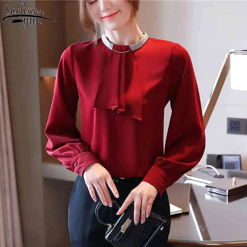 Långärmad Chiffon Blus Solid Färg Stand-Collar Fashion Women Blouses Office Lady Style Kvinnans skjortor Blusas 10667 210518