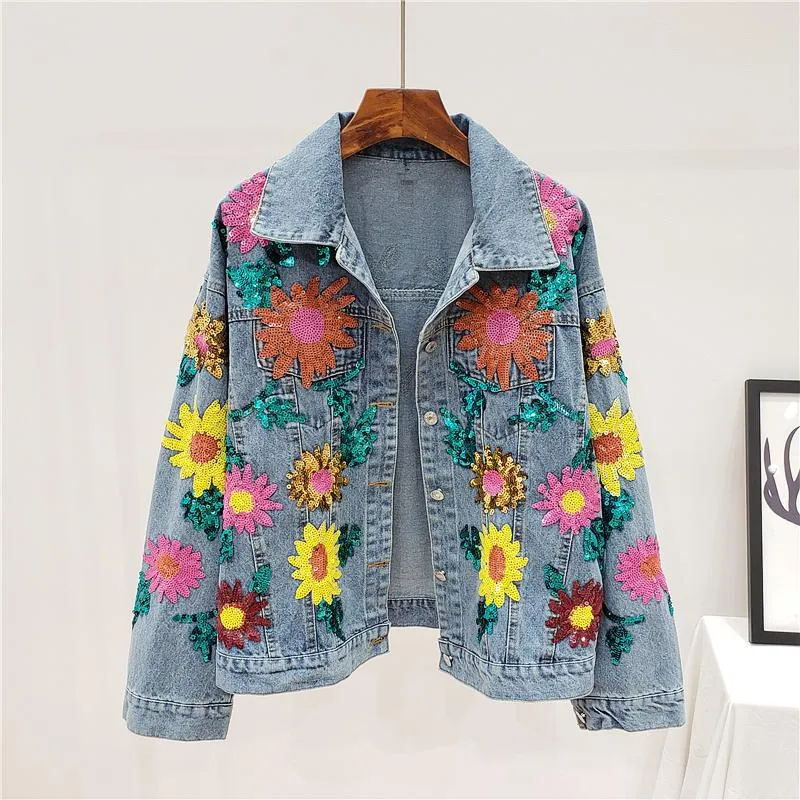 Kvinnorjackor Spring Denim Jacket Kvinnes paljetter Floral broderi långärmad kappa kvinnlig solblomma Loose Jeans Tide H532