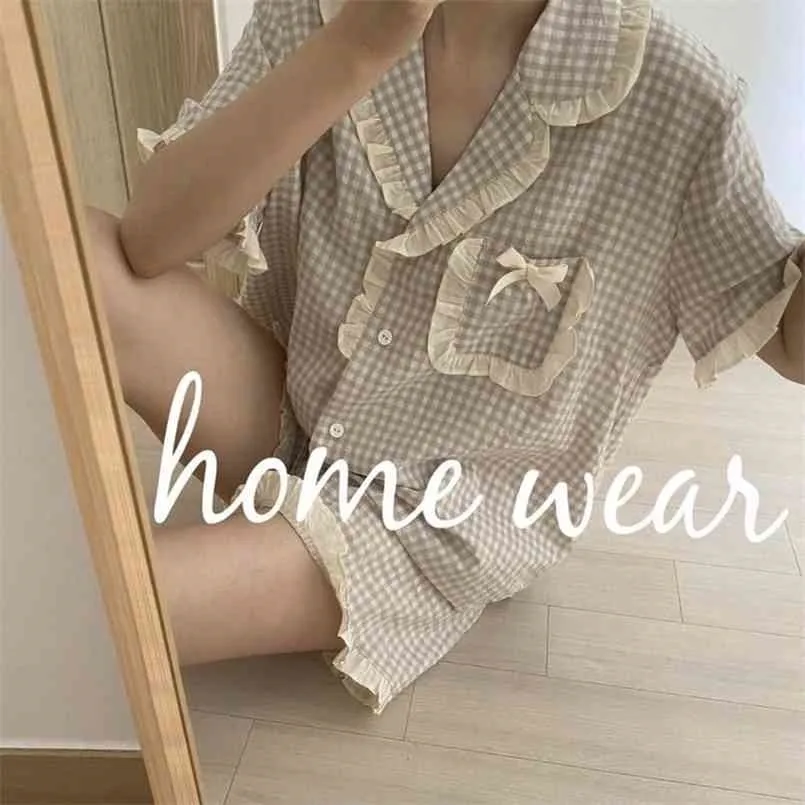 Pyjama coréen pour femmes Summer Loungewear Ensembles de vêtements de nuit Filles Sweet Plaid Pyjama Kawaii Ruffle Pijama Japonais Home Suit 210831