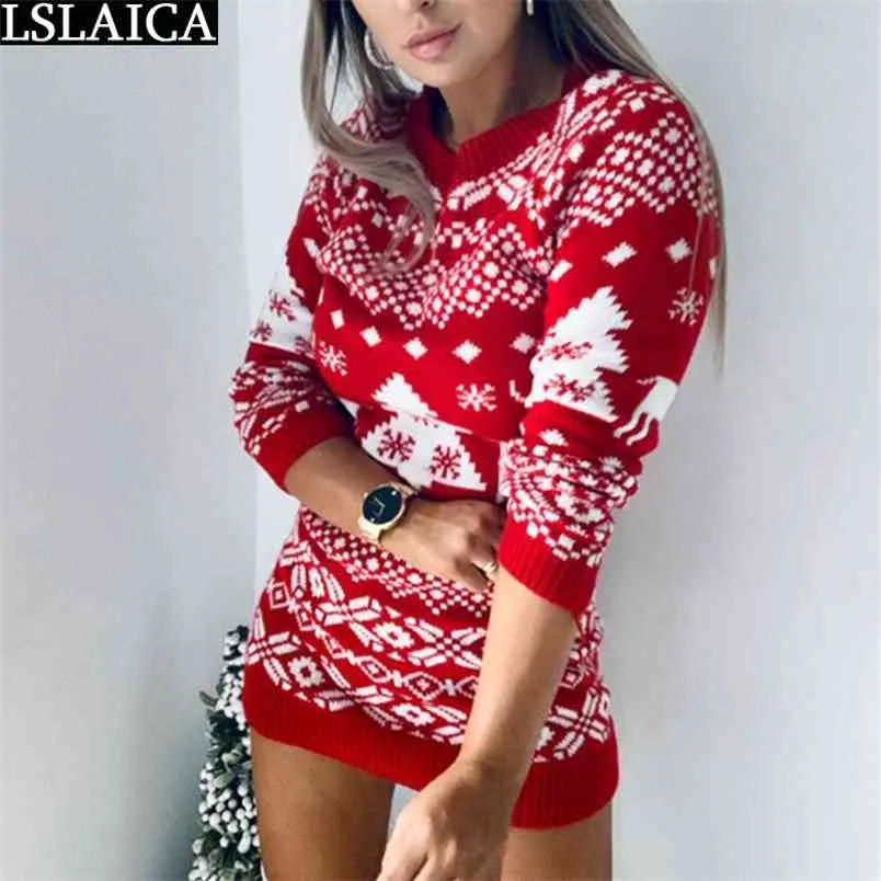 Длинные свитер платье женщин зимний рукав шеи рождественские повседневная вязать мода 210515