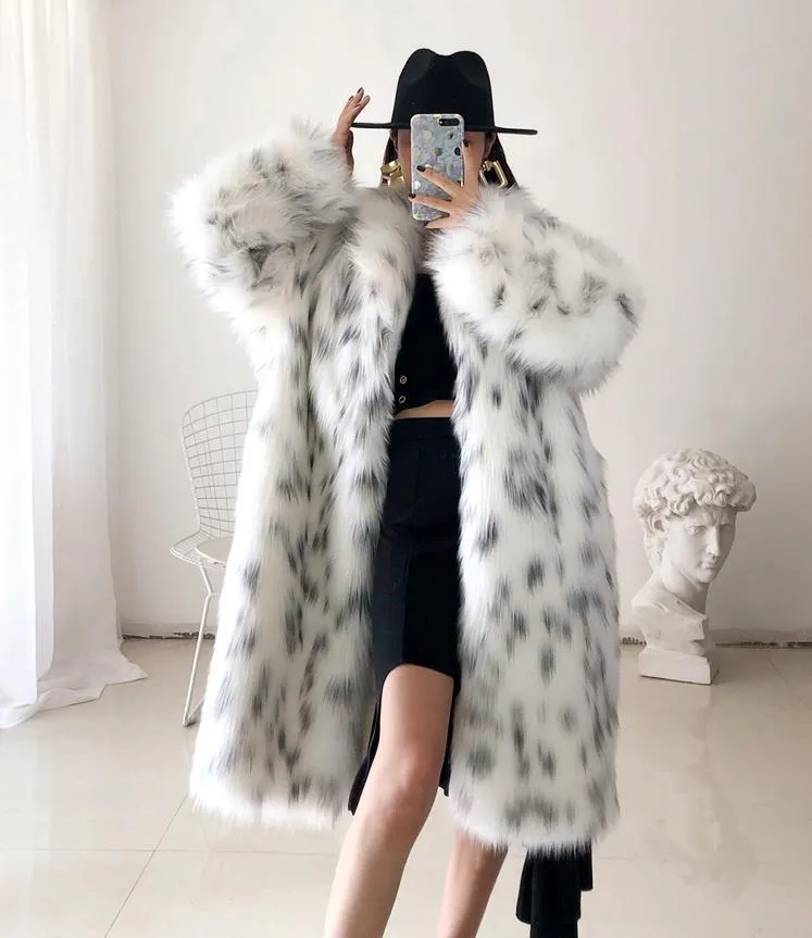 Kadınlar Kış Yeni Faux Fox Kürk Bayan Rahat Eklenmiş Leopar Baskı Kürk Ceket Kadın Kalın Sıcak Orta-Uzun Peluş Giyim