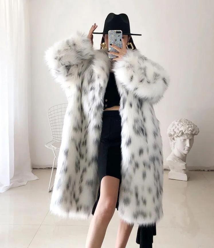 Women Winter New Faux Fox Fur Coat Lady Casual Spliced Leopard Print Fur Jacket Female Thick Warm Mid-long Plush Outerwear