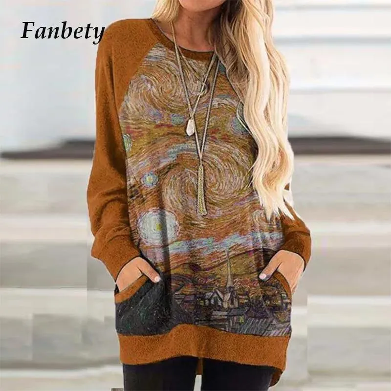 Herfst winter vintage kunst kleurrijke printjurk vrouwen elegante o-neck feestjurken met lange mouwen vrouwelijke casual zakken veatidos 3xl