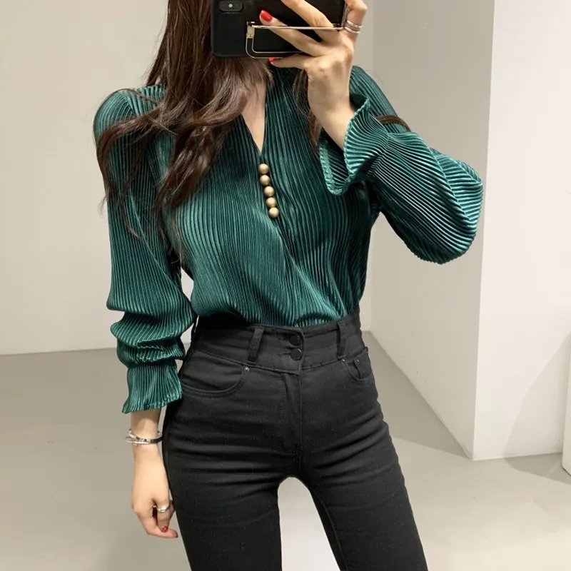 Coréen rétro élégance décontracté doux solide Blouse boutons dorés Chic haute qualité Vintage tout Match femmes chemises 210520