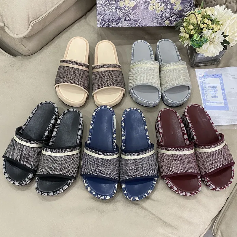 Ladies Sandals Fashion Street Platform Slippers Classic Embroidered Flip Flops Water-dyed Cowhide Twill Cotton Mules Jacquard Leather Luxury Womens Shoes 35-41