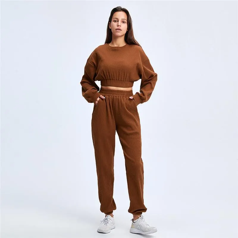 Yoga Outfit Sport Set Mulheres Manga Longa Colheita Top Elástica Cintura Calças Treino Roupas Para Tracksuit Inverno Home