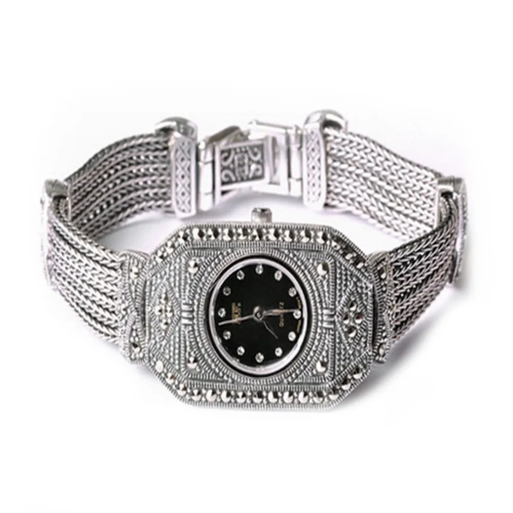 Jade Angel Sterling Luxe Vintage Horloge 925 Silver Armband met Marcasite Sieraden voor vrouwen