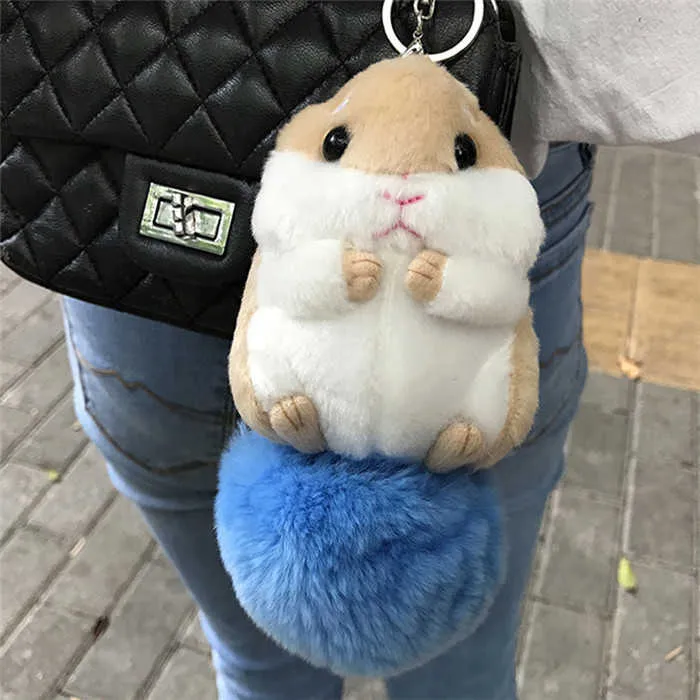 Fashion Cute Hamster Plush Doll Key Chain Silver Ring Woman Bag Charms Rabbit Fur Ball Pom Pom Toy Keychain Car Keyring Trinket (1)