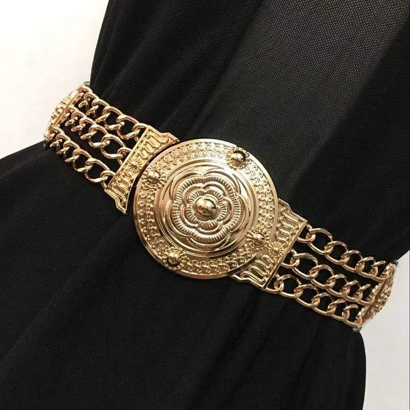 Belts 2021 Women Flower Waist Fashion Ladies Floral Elastic Wide Gold Metal Belt For Dress Female Golden Chain Girls