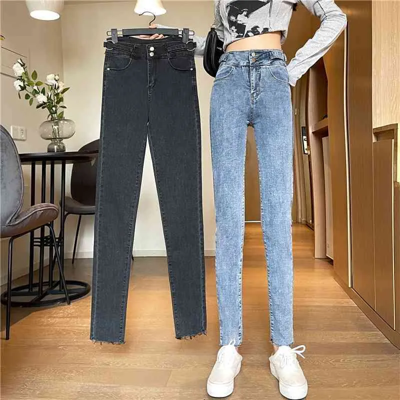 5 Sizes Light Elastic Simple Slim High Waist Button Fly Casual College Wind Solid Simple Spring Women Pencil Pants 210522