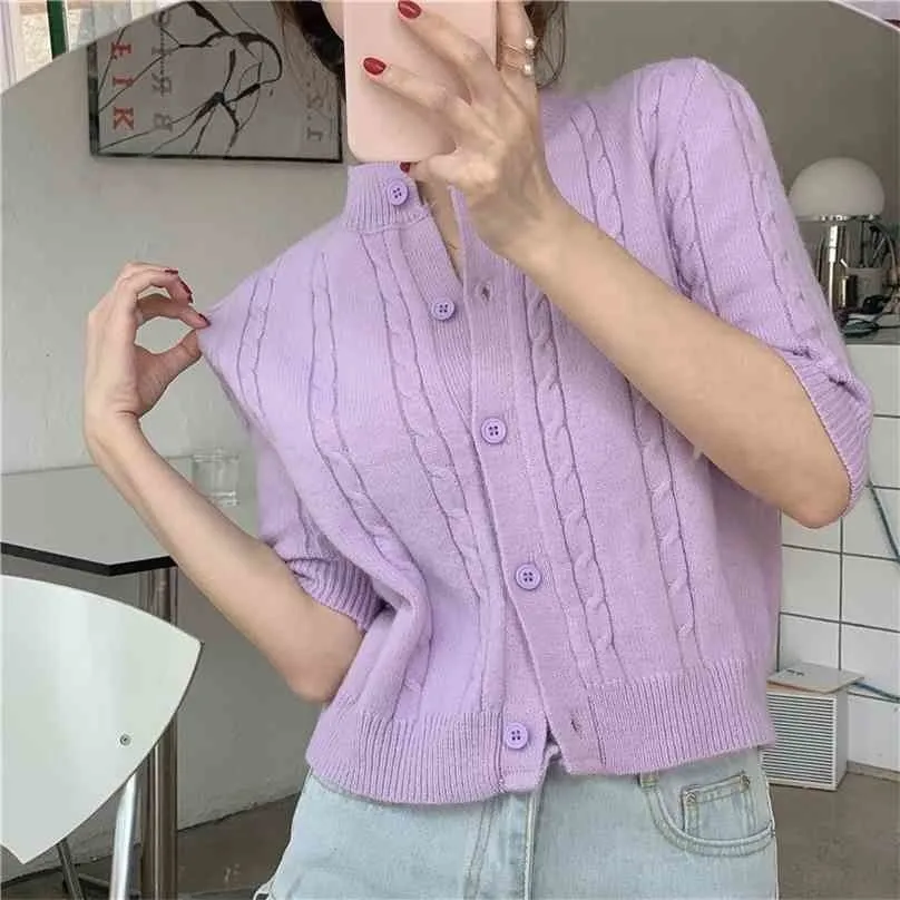 Dame OL Sommer Feste Alle Match Kurzen Ärmeln Mäntel Hohe Taille Gestrickte Strickjacken Dünne Frauen Mode Pullover 210525