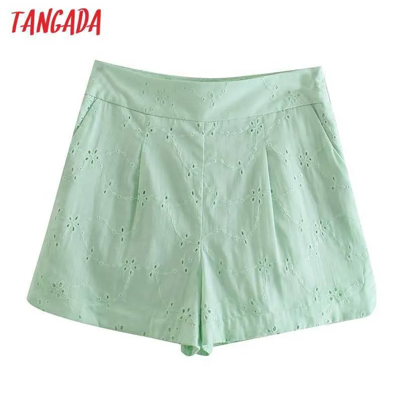 Tangada Kvinnor Elegant Grön Broderi Shorts Side Zipper Fickor OL Shorts Pantalones JE60 210609