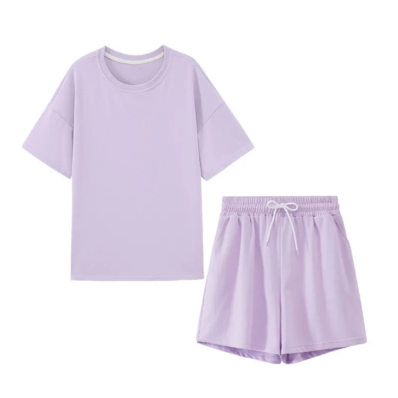 Yaz Eşofman İki Adet Set Eğlence Kıyafetler Pamuk Boy T-Shirt Yüksek Bel Şort Candy Renk Giyim 210721