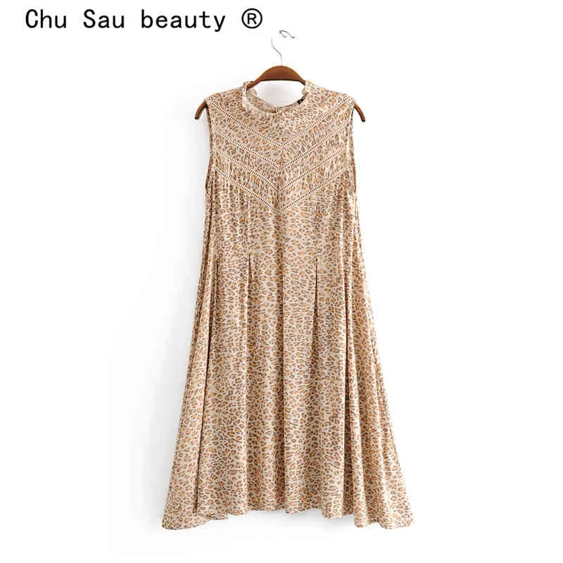 Chu Sau Beauty Boho Leopard Print Midi Dress Kvinnor Holiday Chic Ärmlös Klänningar Kvinna Hollow Out O-Neck Beachwear 210508