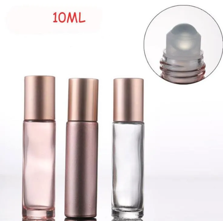 Bouteilles à roulettes en verre Rose de 10ml, 1000 pièces, pour huiles essentielles, avec boule à roulettes en pierres précieuses en cristal et capuchon en or Rose SN3055