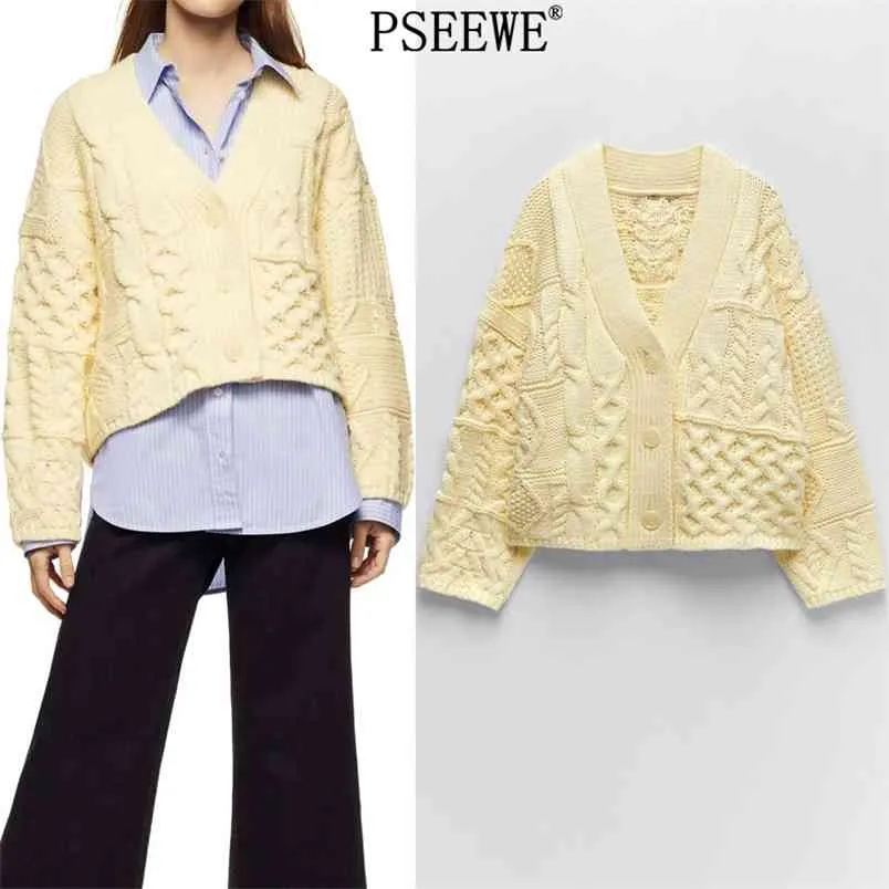 Patchwork amarelo malha cardigan mulheres manga comprida v pescoço inverno mulher camisola tamanho grande 210519