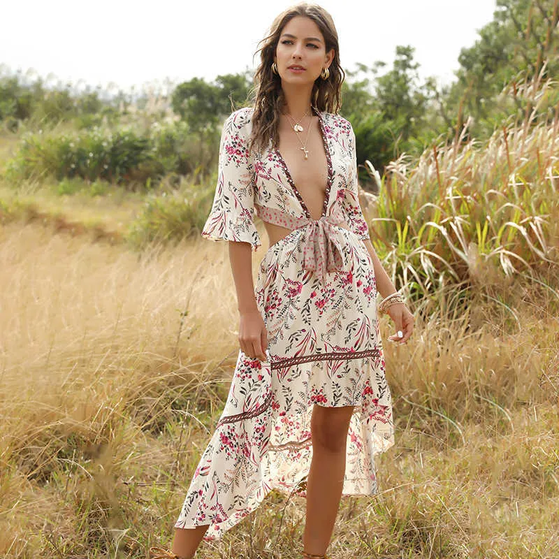 Boho Chic Vintage Maxi Drbeach Floral Print Plunging Bundet Hög En Linje Kimono Bohemian Hippie Stil Sommarkläder X0621