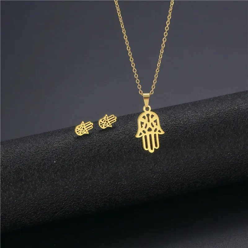 Dameshand van Fatima Necklace Oorbellen Set Dubai Goud Kleur Rvs Afrikaanse Indiase bruiloft sieraden sets voor vrouwen meisje