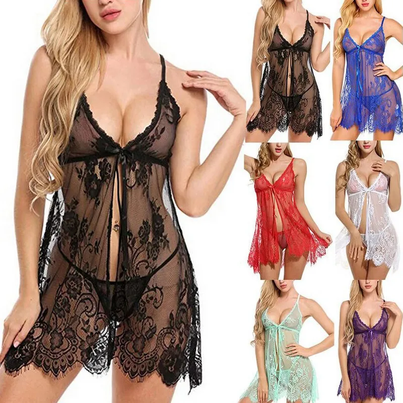 Ladies Nightdress Women Sexy Pyjamas Lace Slim Ribbon Hollow Out Transparent Sleeveless Backless Flower Pattern Middle Waist Solid Color Sling V Neck 7 Colors WMD