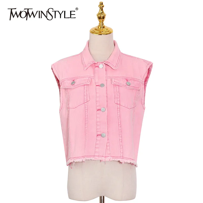 Pink Casual Denim Vest For Women Lapel Sleeveless Patchwork Pocket Tassel Straight Coat Female Spring Fashion 210524