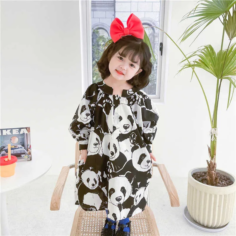 Mode coréenne Enfants Panda Blouse Longue Robe En Coton pour Filles Toddler Boutique Designer Vêtements Outfit 210529