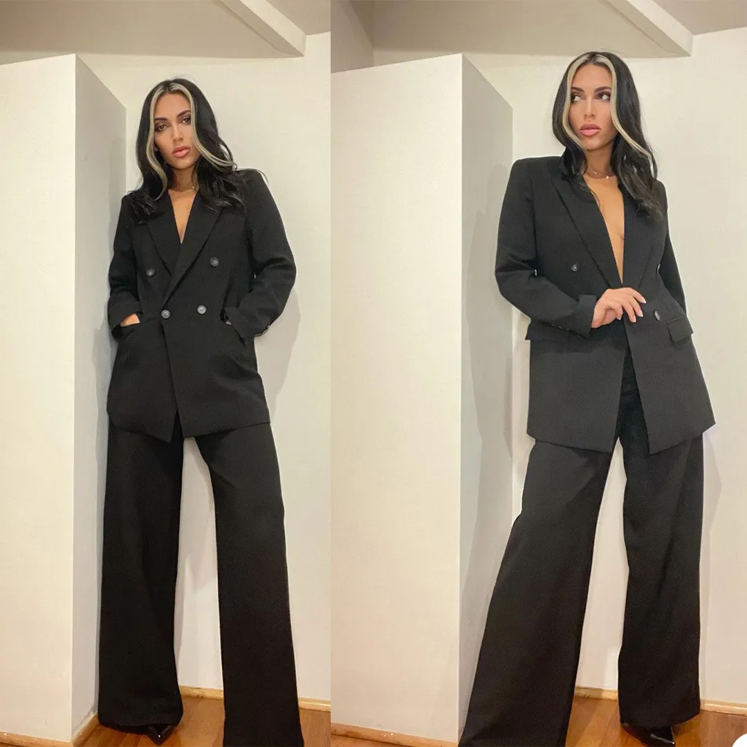 Wypoczynek Czarne Kobiety Garnitury Double Breasted Party Party Blazer Office Lady Outfit Tuxedos 2 sztuki (kurtka + spodnie)