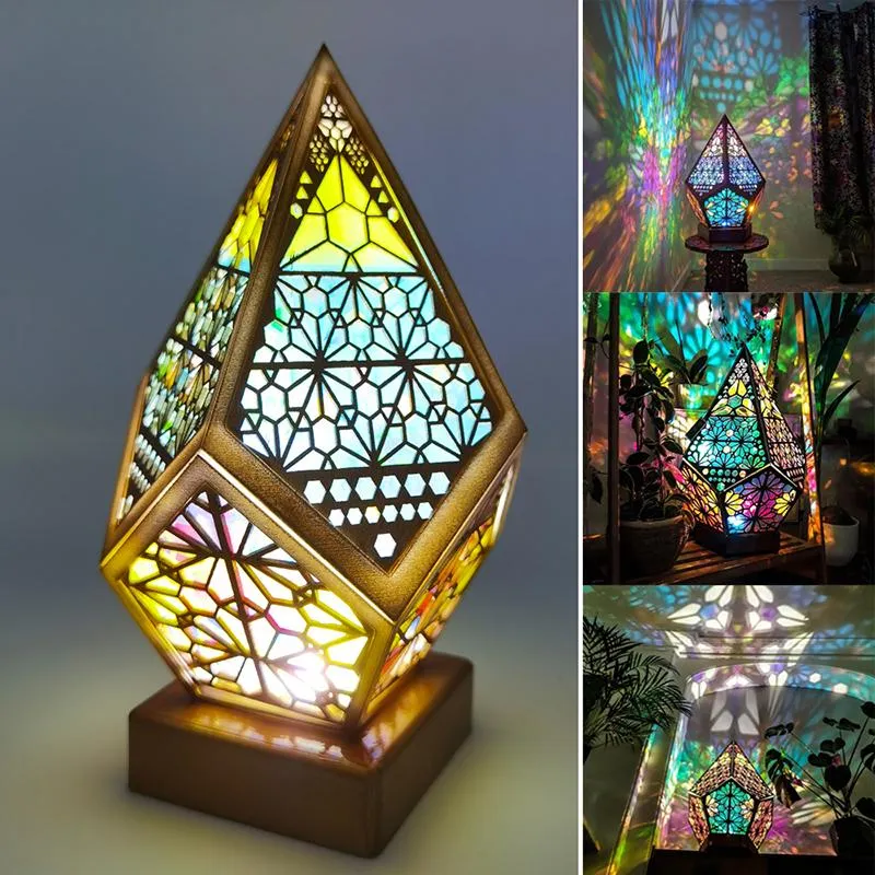 Luci notturne Lampada Lampada in legno BOHEMIAN BOHEMIAN LUCE Romantico Stelle Stelle Flow Colorful 3D Projection Hollow Art Artigianato Regali Home Party
