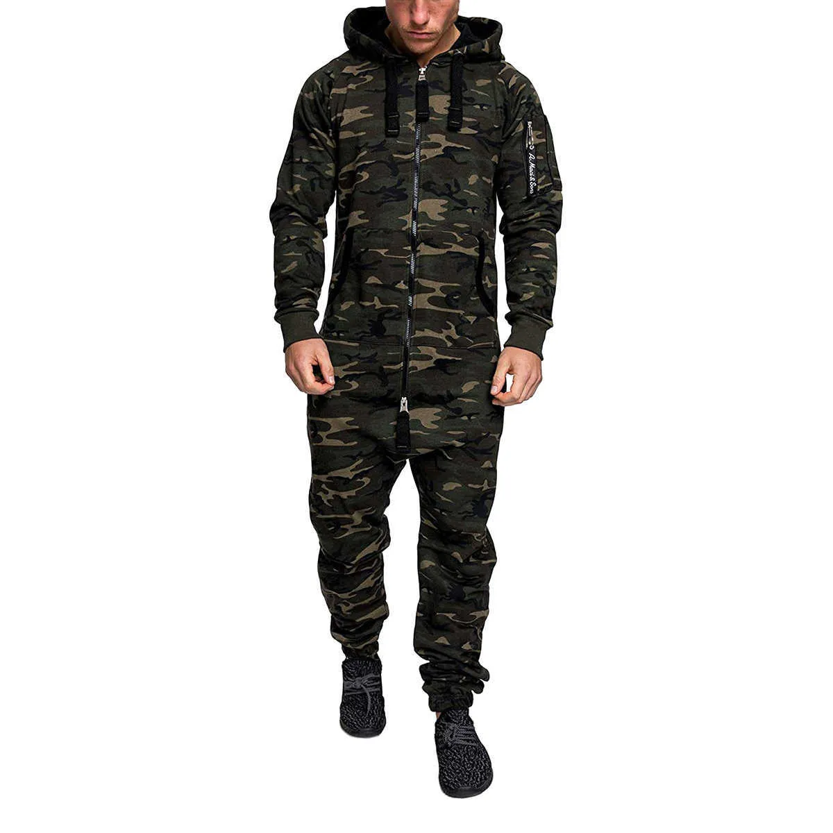 Mono con capucha de camuflaje para hombre, mono de otoño de manga larga con cremallera, ropa de calle para hombre, sudadera, pantalones, ropa de una pieza de talla grande X0610